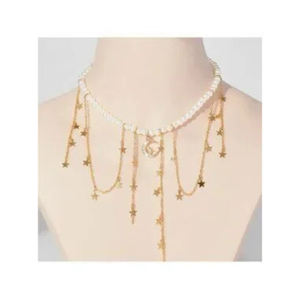 GOLD 3/$30 Faux Pearl Rhinestone Moon Star Necklace